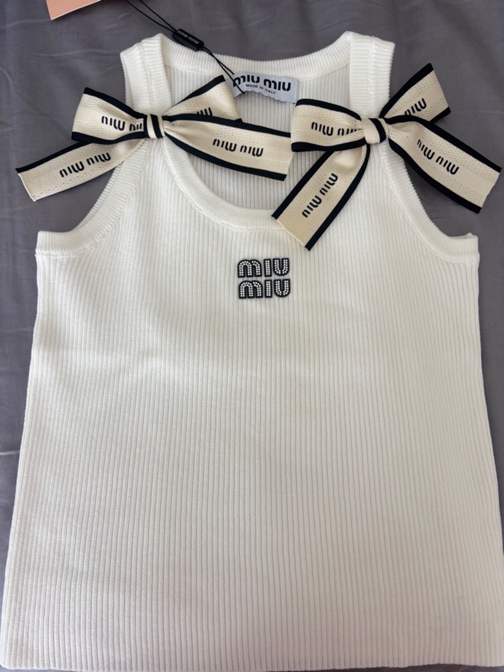 Miu Miu  Ribbed Tank with Logo Ribbon Shoulder Bows
